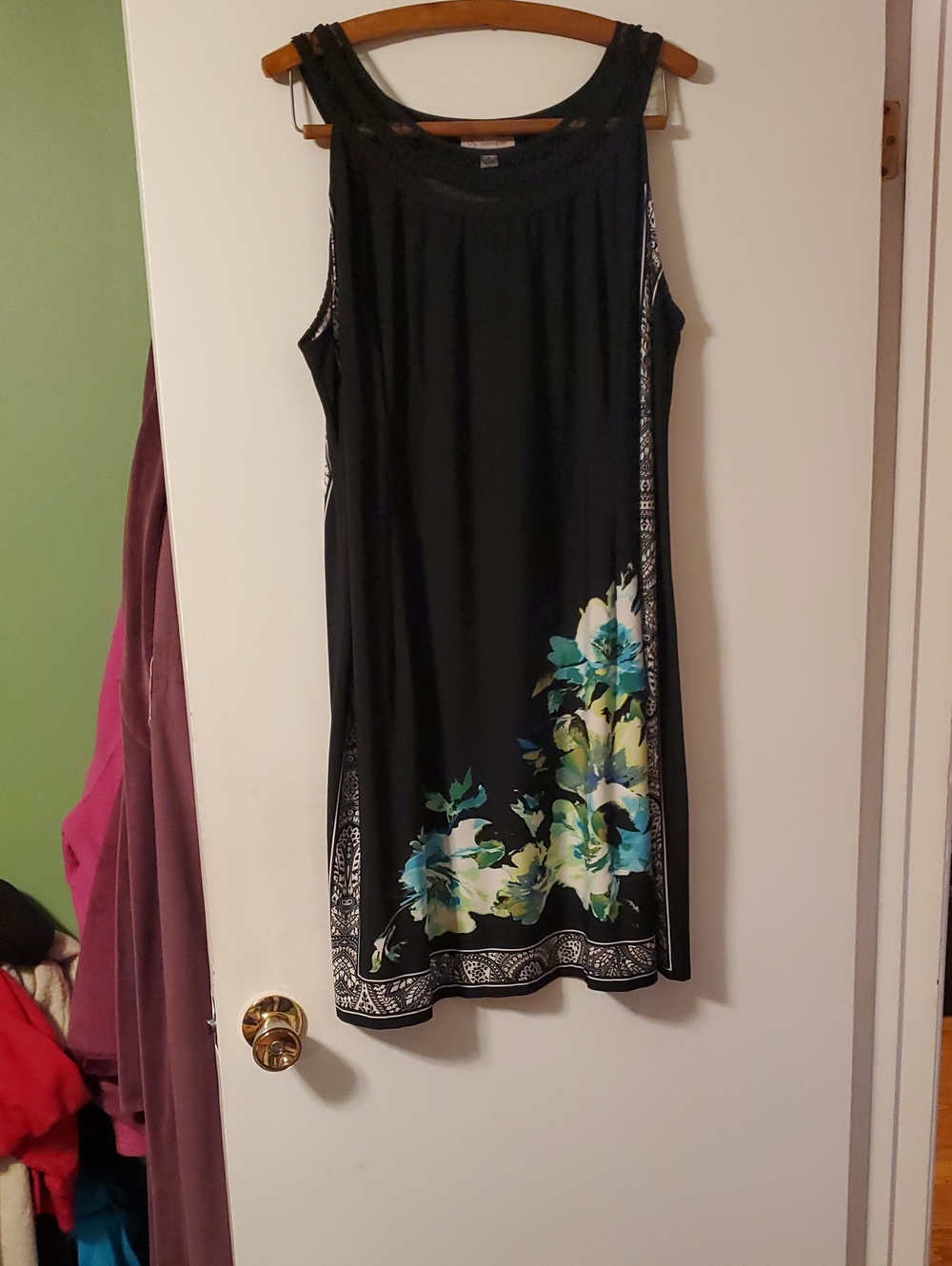 Dress Barn size 18 Black Floral Sleeveless Dress with Teal & Green Accents